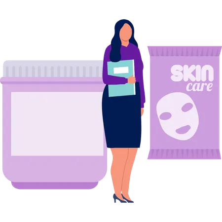 Woman standing near skin care mask  Illustration