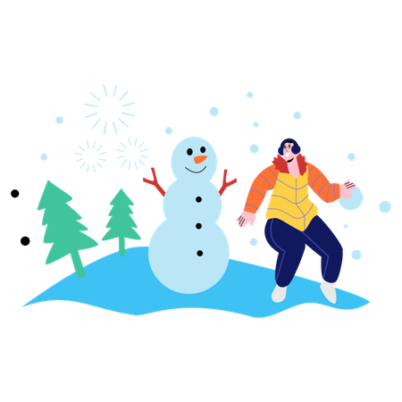 Woman standing near snowman Illustration