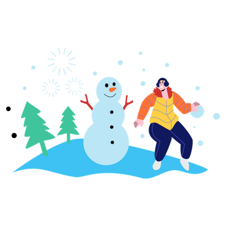 Woman standing near snowman  Illustration