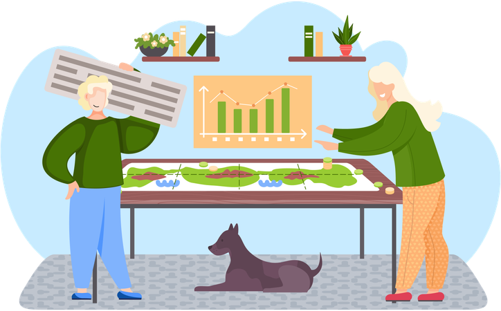 Woman standing near table and playing strategy board game at home  Illustration