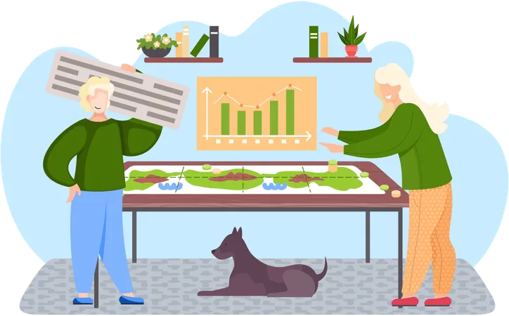 Woman standing near table and playing strategy board game at home  Illustration