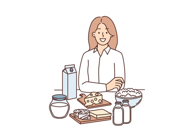 Woman standing near table with dairy products and yogurt or cheese high in lactose and nutrients  Illustration