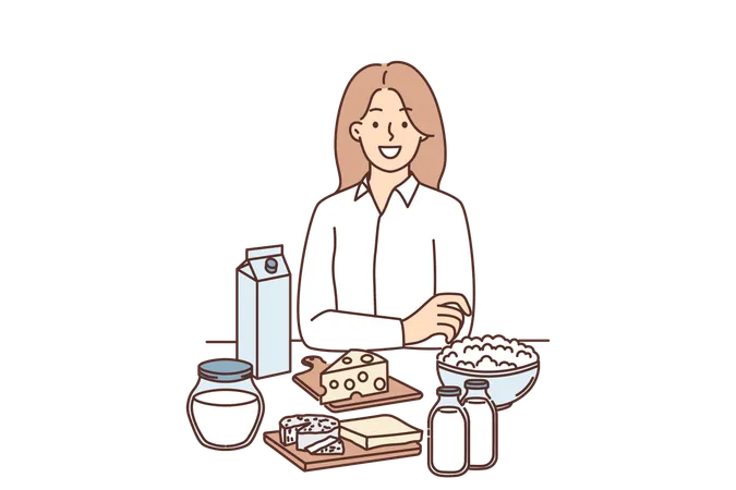 Woman Is Standing Near Table With Dairy Products And Yogurt Or Cheese High In Lactose And Nutrients Girl Nutritionist Offers To Eat Natural Organic Dairy Products To Support Health イラスト