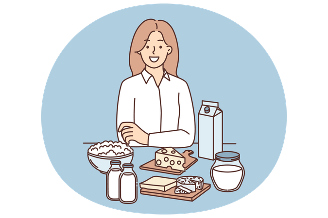 Woman standing near table with dairy products and yogurt or cheese high in lactose and nutrients  Illustration