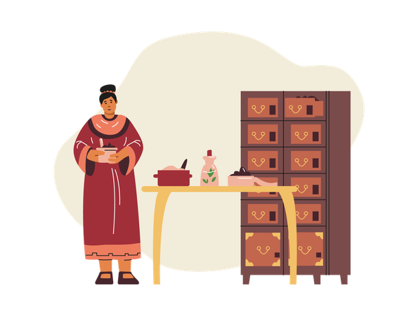 Woman standing near  table with ointment and herbs  Illustration