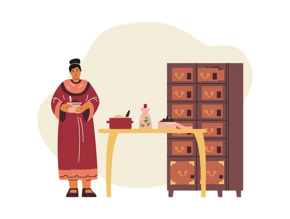 Woman standing near  table with ointment and herbs  Illustration