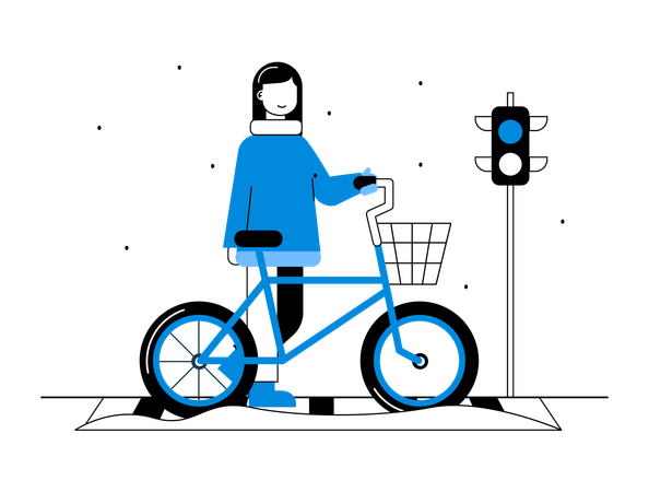 Woman Standing Near Traffic Signal with Bicycle In winter Season  Illustration