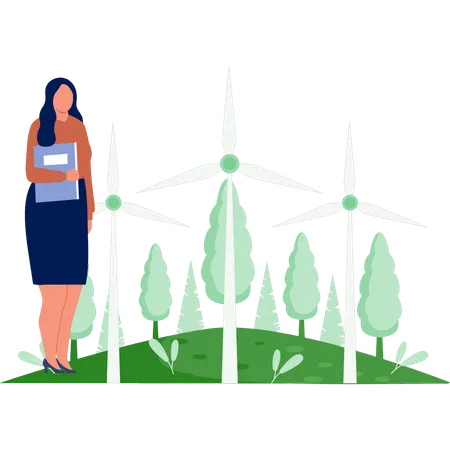 Woman standing near wind farm  Illustration