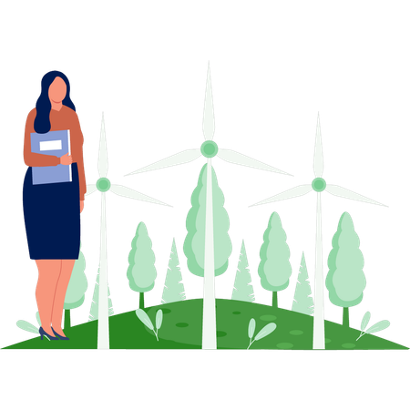 Woman standing near wind farm  Illustration