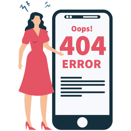 404エラーメッセージが表示された携帯電話の横に立っている女性  イラスト