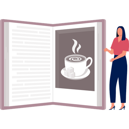 Woman standing next to book  Illustration