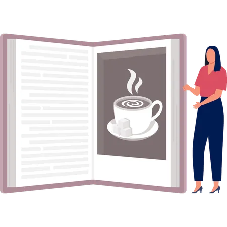 Woman standing next to book  Illustration
