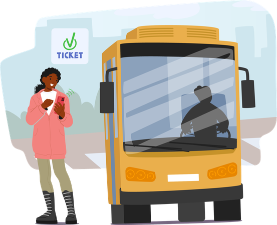 Woman Standing Next To  Bus Uses Her Smartphone To Pay For  Ticket Via  Contactless Method  Illustration