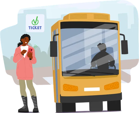 Woman Standing Next To  Bus Uses Her Smartphone To Pay For  Ticket Via  Contactless Method  Illustration