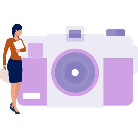 Woman standing next to  camera  Illustration