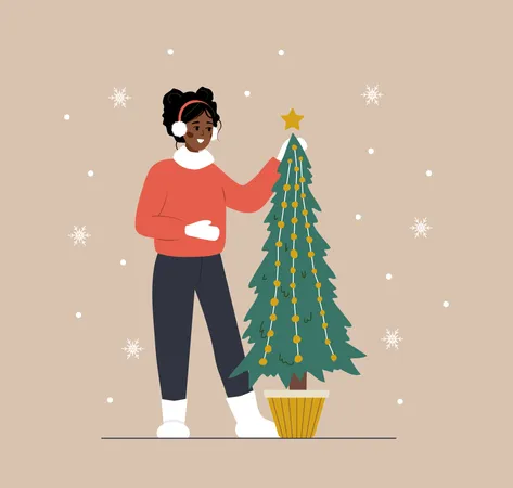 Woman Standing Next To Christmas Tree African Smiling Girl Preparing For Winter Holidays People Decorate Christmas Fir New Year Postcard Vector Illustration In Flat Cartoon Style Illustration
