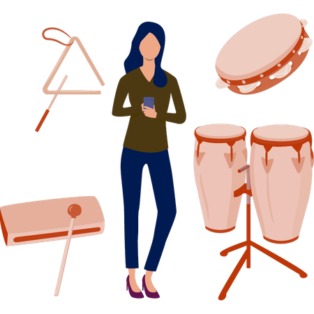 Woman standing next to conga drums  Illustration