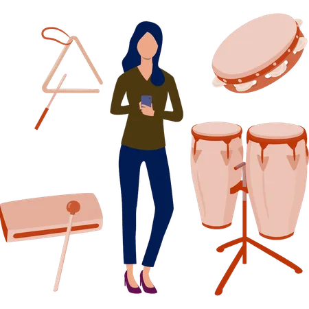 Woman standing next to conga drums  Illustration