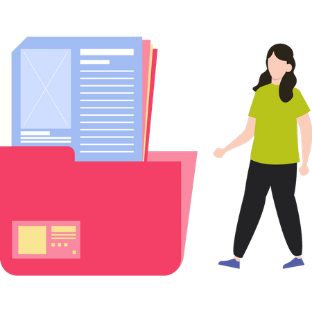 Woman standing next to file folder  Illustration