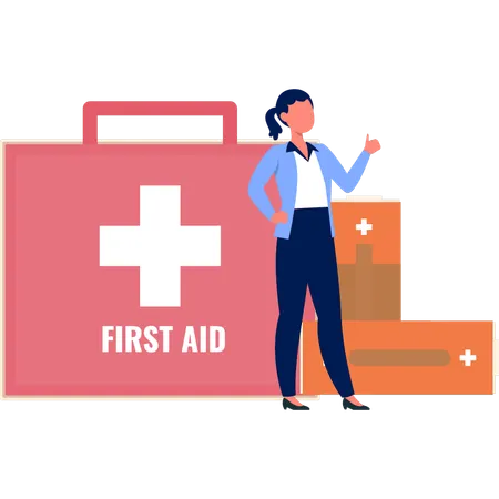 The Girl Is Standing Next To The Medical Kit Illustration