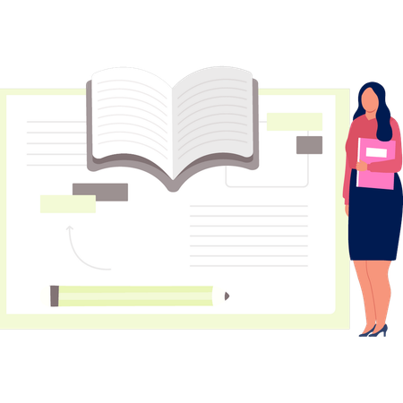 Woman standing next to open book  Illustration