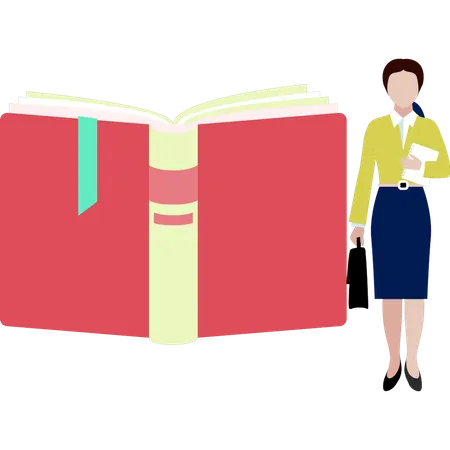 Woman standing next to open book  Illustration