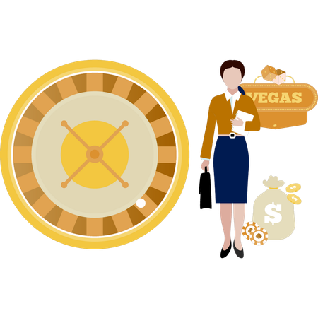 Woman standing next to roulette wheel  イラスト