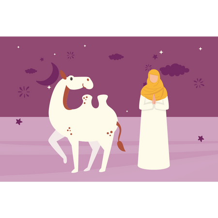 Woman standing next to sacrificial camel  Illustration