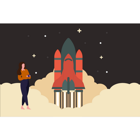 Woman standing next to spaceship  Illustration