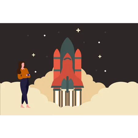 Woman standing next to spaceship  Illustration