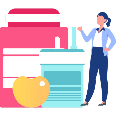 Woman standing next to supplement jar  Illustration