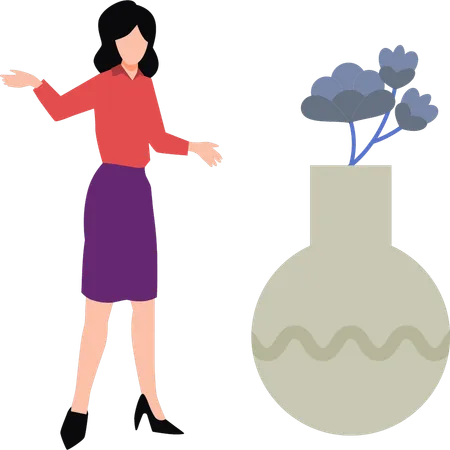 Woman Standing Next To Vase Of Flowers  Illustration