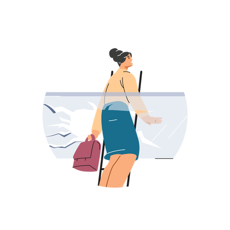 Woman standing on a high staircase and breaking through a glass barrier  Illustration