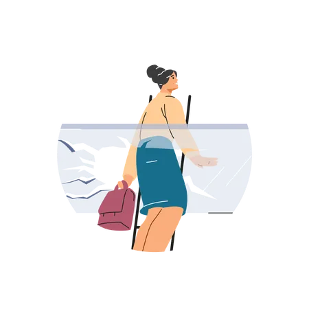 Woman standing on a high staircase and breaking through a glass barrier  Illustration