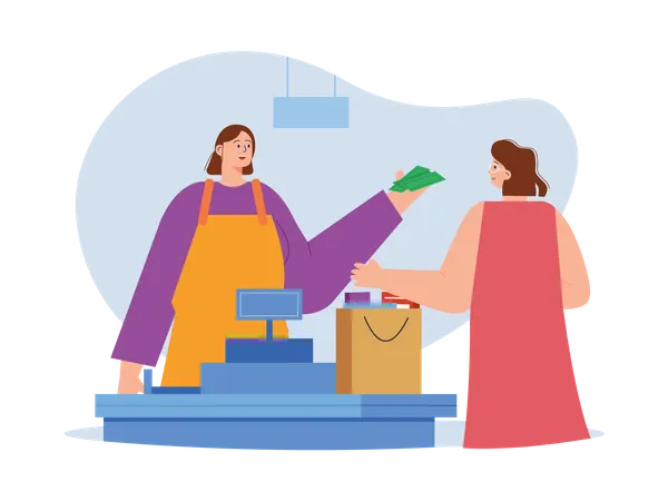 Woman standing on cash counter Illustration