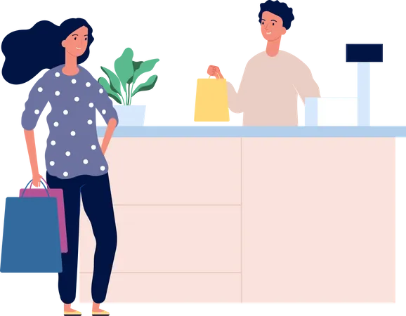 Woman standing on cashier counter  Illustration