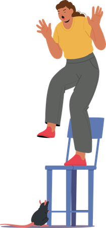Woman  Standing On  Chair In Fear As  Mouse Approaches  Illustration