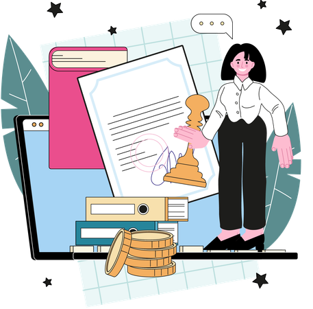 Woman standing on laptop with legal document  Illustration