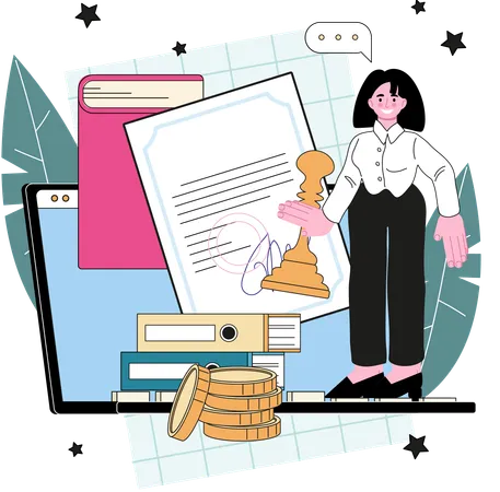 Woman standing on laptop with legal document  Illustration