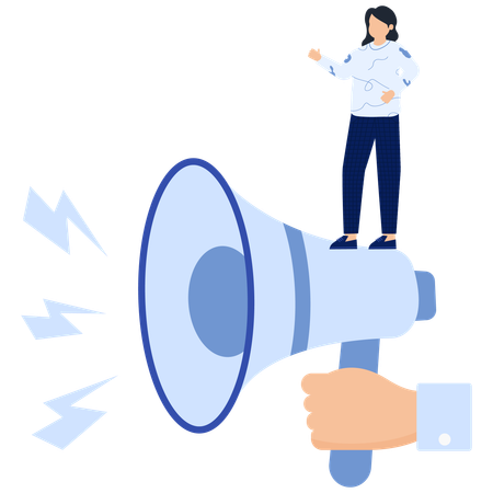 Woman Standing on Megaphone Announcing with Lightning Bolts  Illustration