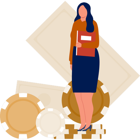 Woman standing on poker chips  Illustration