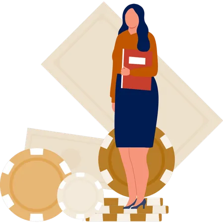 Woman standing on poker chips  Illustration