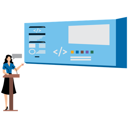 Woman standing on Tech Conference Stage  Illustration
