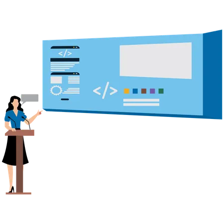 Woman standing on Tech Conference Stage  Illustration