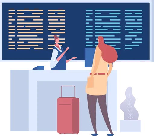 Woman standing on ticket count in airport Illustration