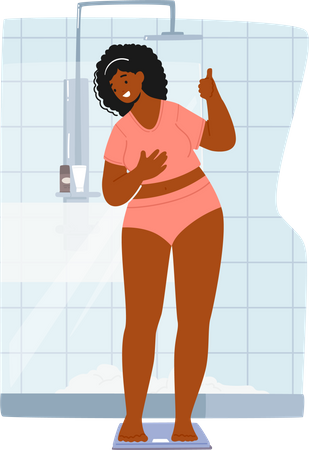 Woman standing on weighing scale showing thumb up Illustration