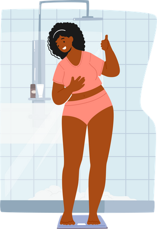 Woman standing on weighing scale showing thumb up  Illustration