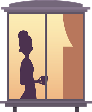 Woman standing on window and drinking coffee  Illustration