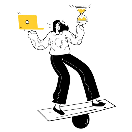 Woman standing on wooden plate while doing Work-Life Balance  Illustration
