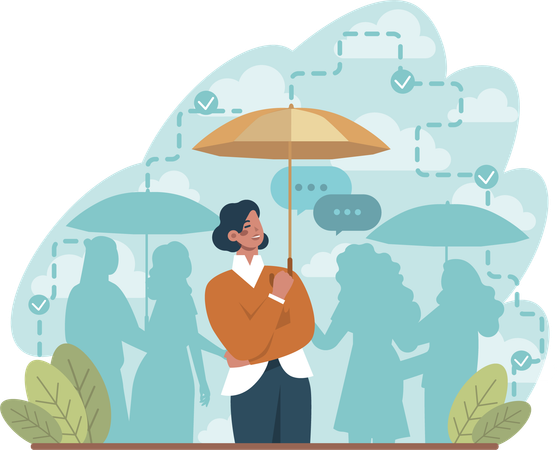 Woman standing out from crowd with umbrella  Illustration